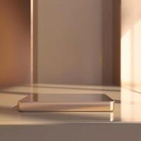 A smartphone sitting on a table in front of a window photo
