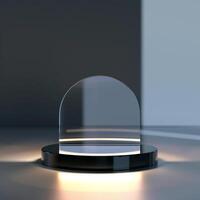 A glass dome on a table with a light shining through it photo