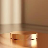 A round object on a table in front of a wall photo