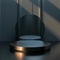 A round mirror on a black table in front of a wall photo