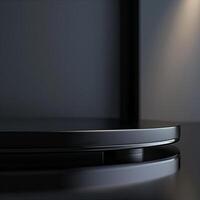 A black circular table with a light shining on it photo