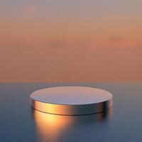 An empty round table on a table with a sunset in the background photo