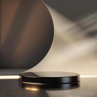 An empty black round table in front of a wall photo