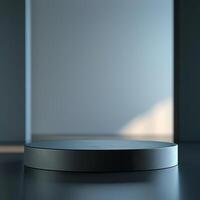 A black round table in front of a window photo