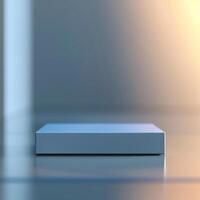 A blue box sitting on a table in front of a window photo