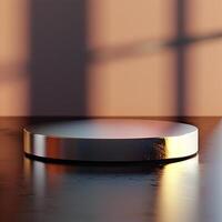 A round object on a table with a window in the background photo
