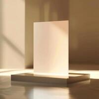 A blank white box sitting on a table in front of a window photo