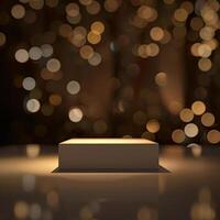 An empty box on a table in front of a blurred background photo
