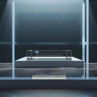 A glass display case with a small object on it photo