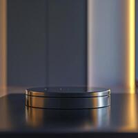 A black box sitting on a table in front of a wall photo