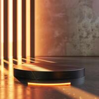A black circular object on a table with a light shining on it photo
