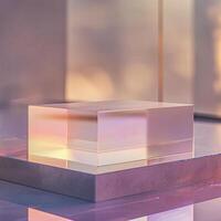 A glass cube sitting on a table in front of a window photo