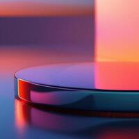 A circular object on a table with a colorful background photo
