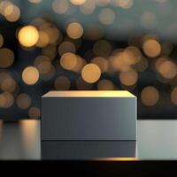 A white box sitting on a table in front of a blurred background photo