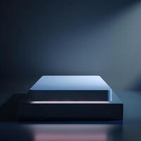 A blue box sitting on a table in front of a dark background photo