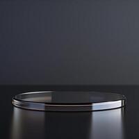 A glass plate on a table with a black background photo
