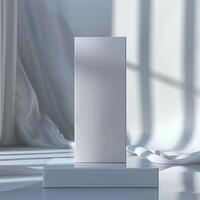 A white square on a table in front of a window photo