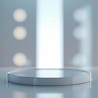 An empty round table with lights in the background photo