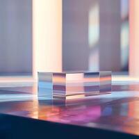 A glass cube sitting on a table in front of a window photo