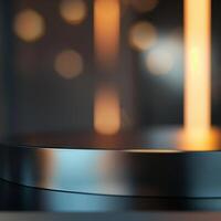 A close up of a metal table with a lit candle photo