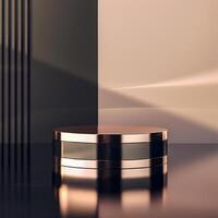 A black and gold table with a mirror in front of it photo