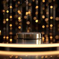 A golden object on a table in front of a background of lights photo