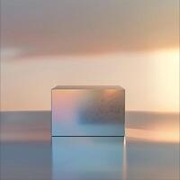 A cube sitting on a table in front of a sunset photo