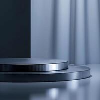 An empty podium with a silver top on a table photo
