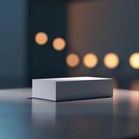 An empty box sitting on a table in front of a light photo