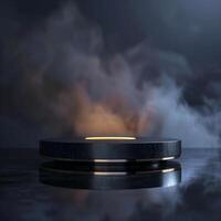 A black and gold object on a table with smoke coming out of it photo