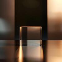 A glass cube sitting on a table in front of a blurred background photo