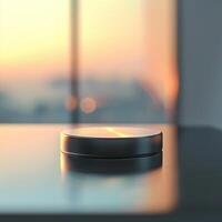 A small object sitting on a table in front of a window photo