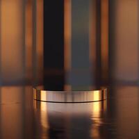 A round metal object on a table in front of a dark background photo