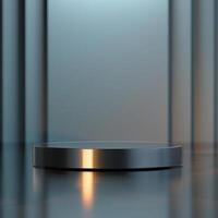 An empty podium in front of a wall photo