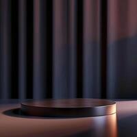 An empty podium on a table in front of a curtain photo