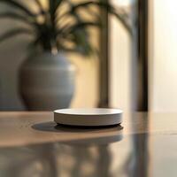 A white object sitting on a table in front of a window photo