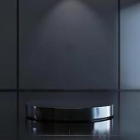 A black round table in front of a wall photo