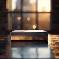 A silver box sitting on a table in front of a window photo