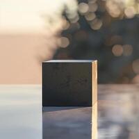 A black cube sitting on top of a table photo