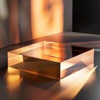 A glass cube sitting on a table with a light shining on it photo