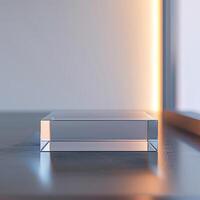 A glass box sitting on a table in front of a window photo