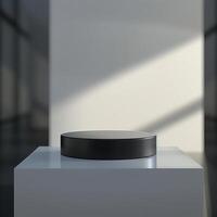 A black object on a white pedestal in front of a window photo