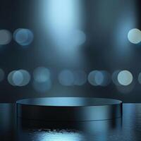An empty podium on a table in front of a dark background photo