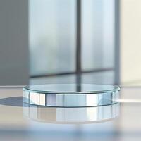A glass table with a reflection of a window photo