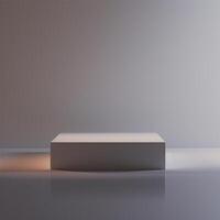 An empty white box on a table in front of a wall photo