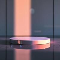 A white round table with a light shining on it photo