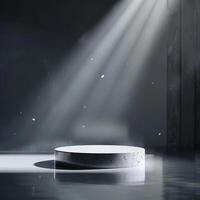 An empty podium in a dark room with light shining from the window photo