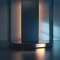 An empty podium in a dark room with light coming from the wall photo
