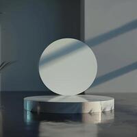 A white circular object on a pedestal in front of a window photo