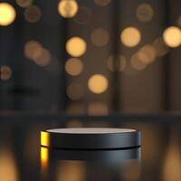 A black round object on a table in front of a blurred background photo